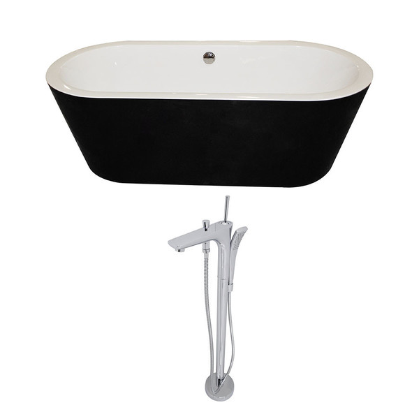 Anzzi Dualita Black Acrylic Standalone Soak Tub w/ Chrome Kase Faucet (5.6 ft.) - Glossy
