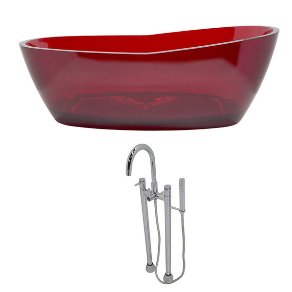 Anzzi Ember 5.4-foot Man-made Stone Classic Soaking Bathtub in Deep Red with Sol Freestanding Faucet in Chrome - Translucent