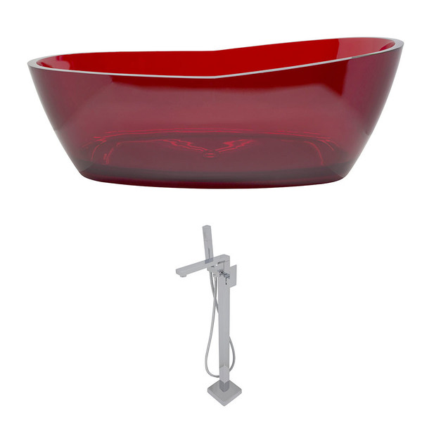 Anzzi Ember 5.4-foot Man-made Stone Slipper Freestanding Soaker Bathtub in Deep Red with Dawn Faucet in Chrome - Translucent