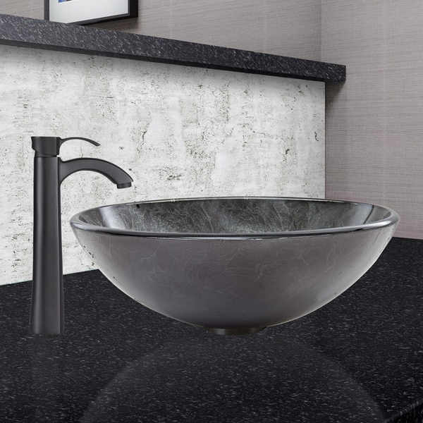 VIGO Gray Onyx Glass Vessel Sink and Otis Faucet Set in Matte Black Finish