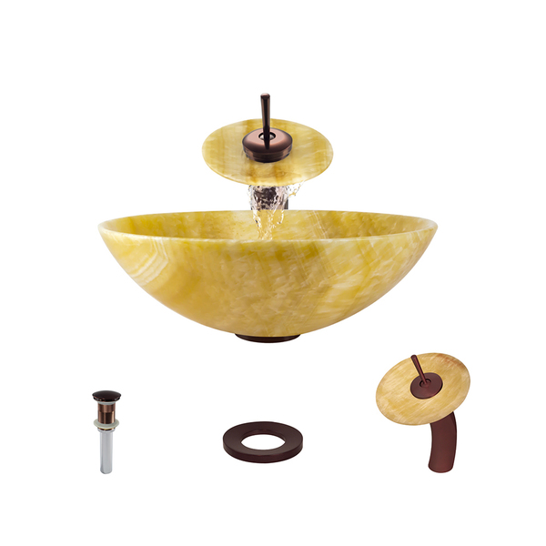 853 Honey Onyx Vessel Sink with Faucet, Sink Ring, and Pop-Up Drain in Oil Rubbed Bronze - Gold - Waterfall Faucet
