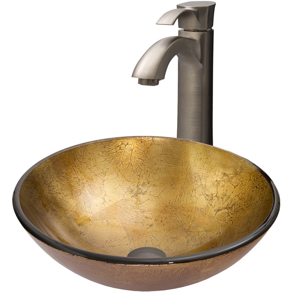 VIGO Liquid Gold Glass Vessel Sink and Otis Faucet Set in Brushed Nickel